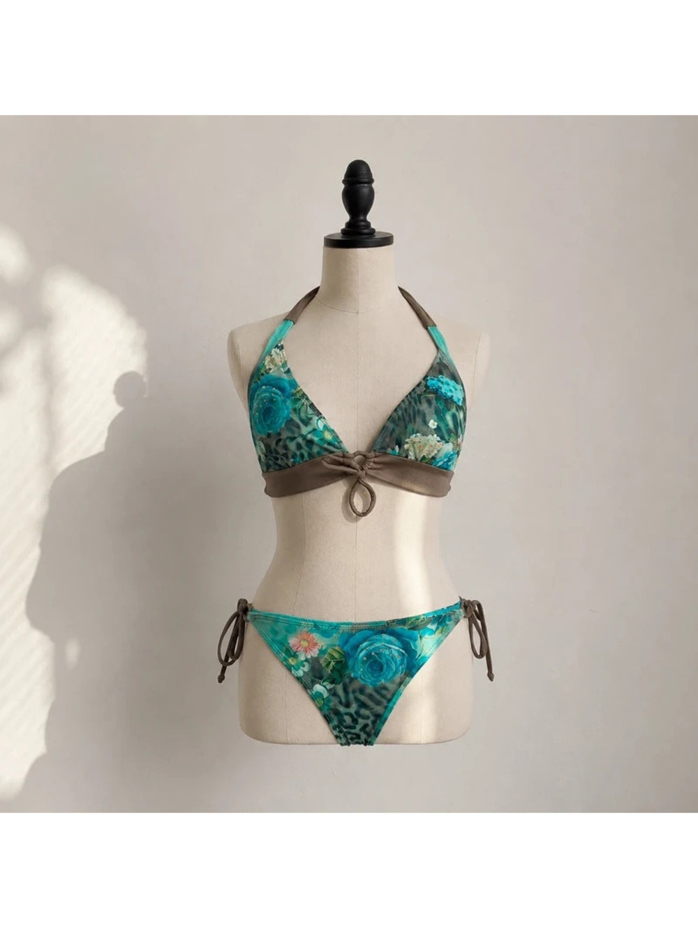 GUESS Floral Leopard Bikini Set Brown Aqua Tie Side Halter Top S Bottoms M